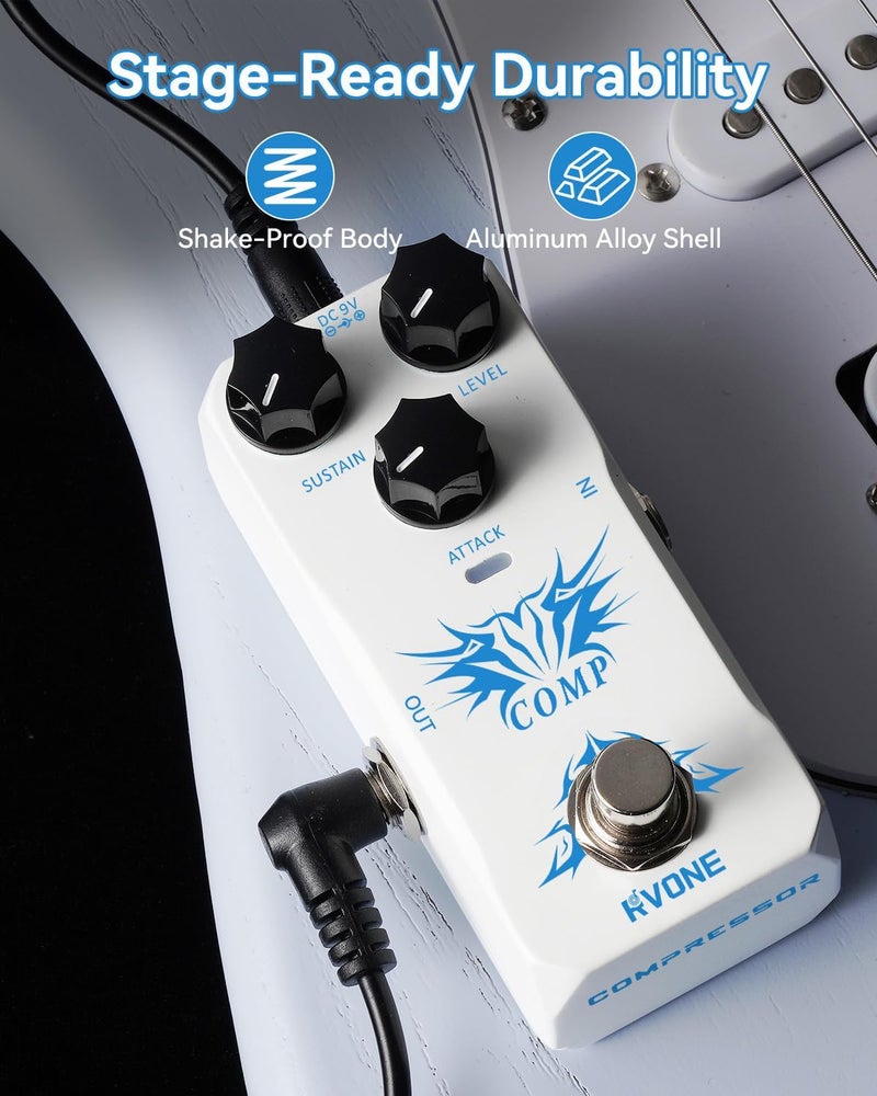 RVONE Analog Compressor Pedal Guitar/Bass, Studio-Grade Guitar Pedal Compressor, Guitar Effects Pedal for Electric Guitar Bass, True Bypass & Aluminum Case - Image 2